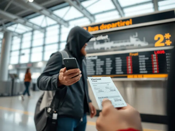 旅客在车站查看车票和手机改签信息