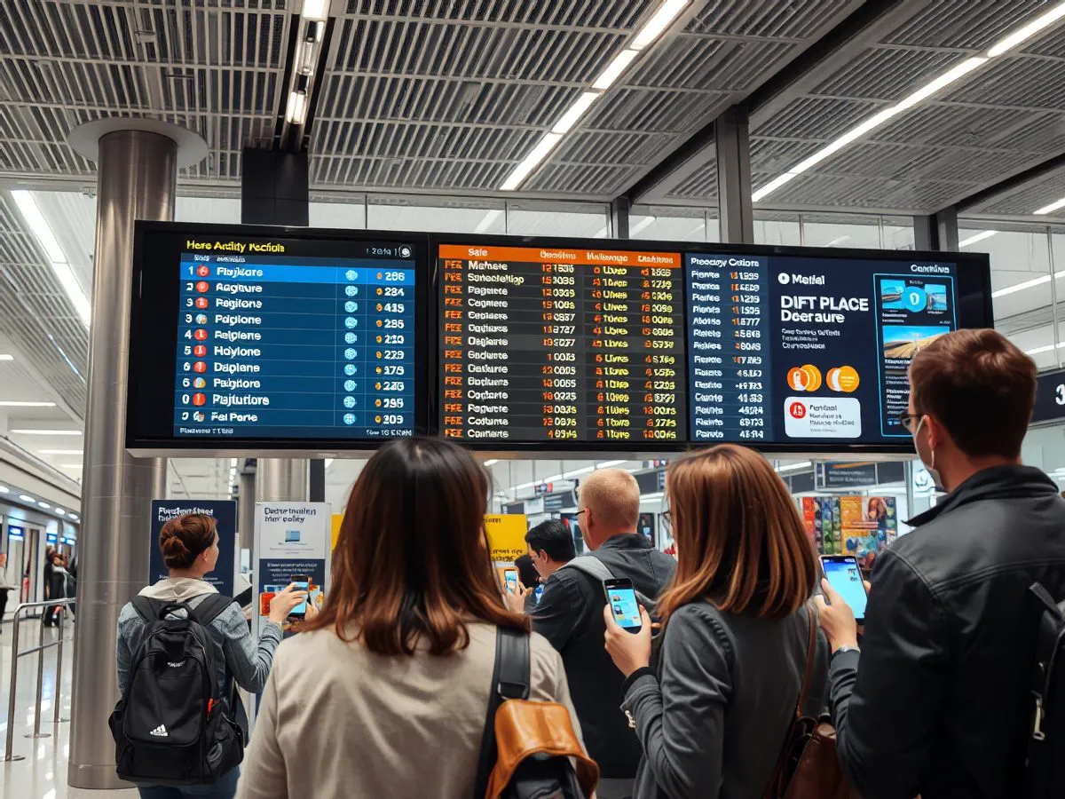 旅客在车站查看电子班次显示屏